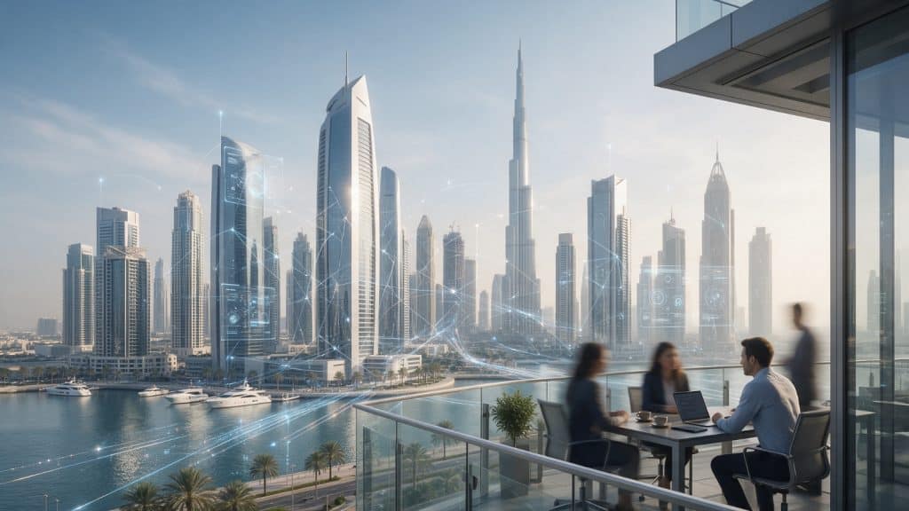 Business professionals having a meeting with Dubai skyline in background.