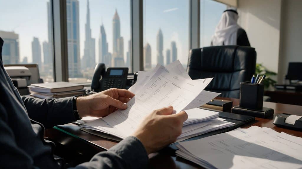 Business professional reviewing documents in office with city skyline background.