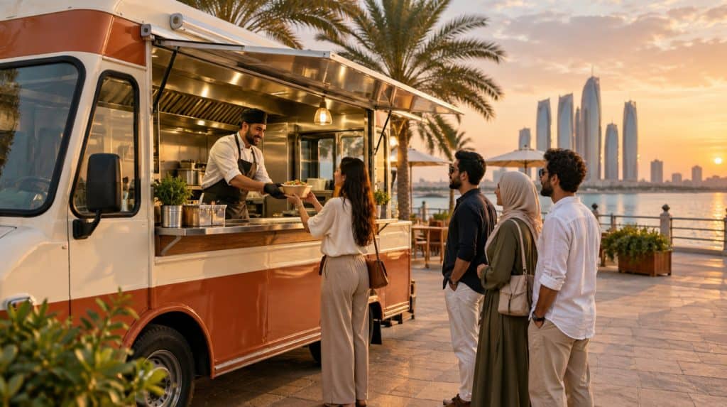 Food truck serving customers with Abu Dhabi skyline at sunset.