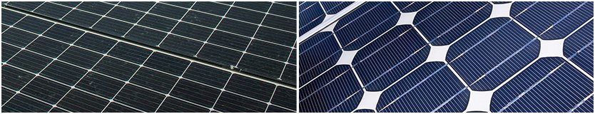 Man erkennt zwei unterschiedliche Ausformungen von monokristallinen Solarzellen