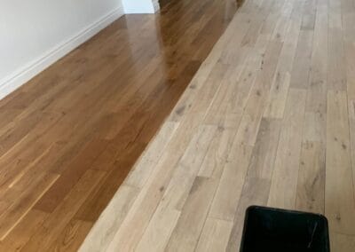 Partially varnished wooden floor with brush and bucket.