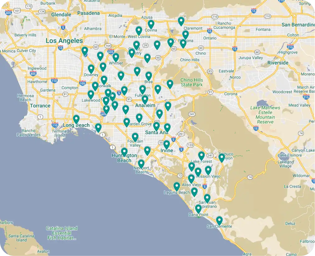 A map of the Greater Los Angeles and Orange County area marked with numerous teal location pins indicating specific points of interest—showcasing how to Do It Right when exploring top local destinations.