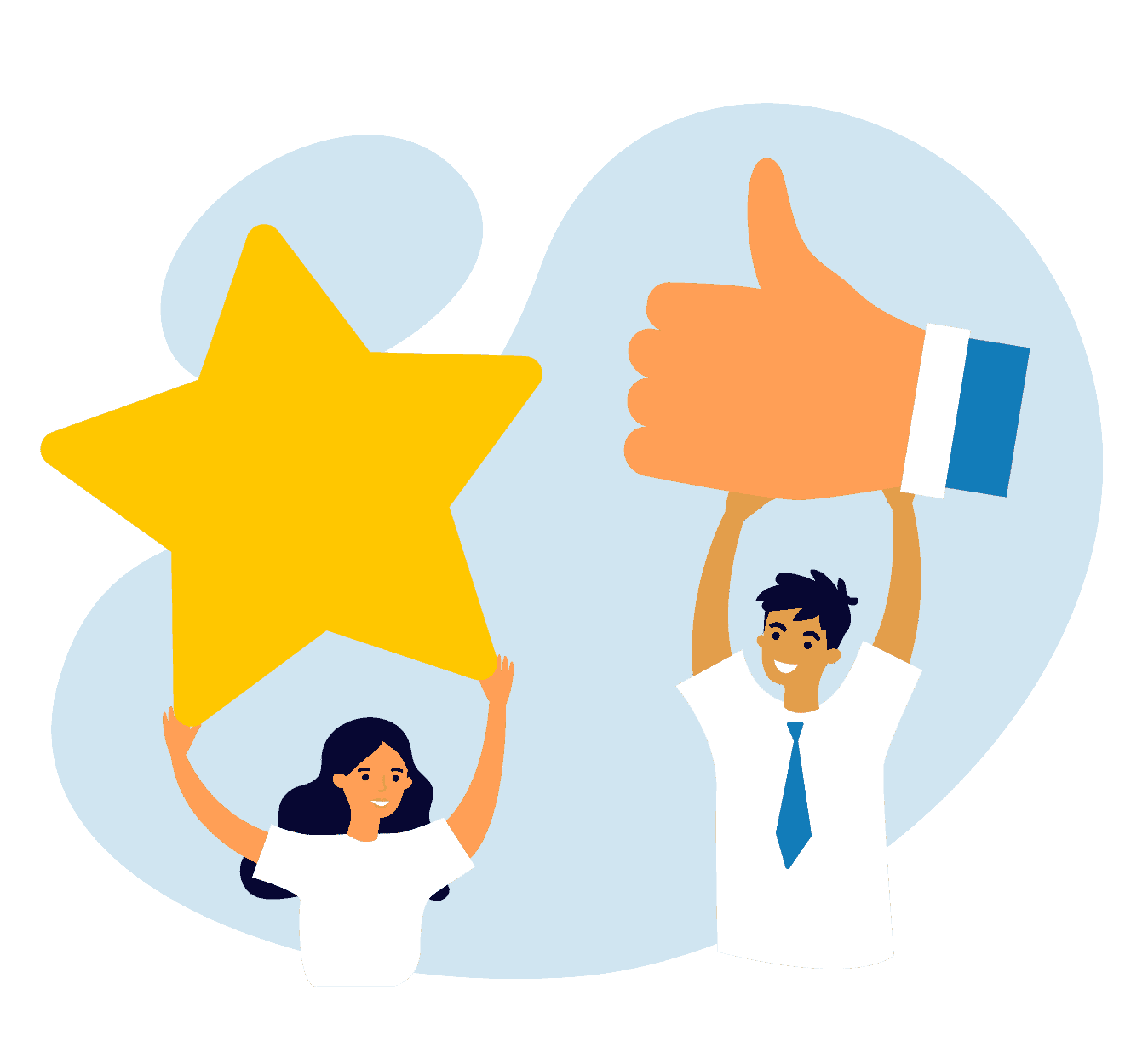 Illustration of woman holding a up a big star and a man holding up a big thumbs-up