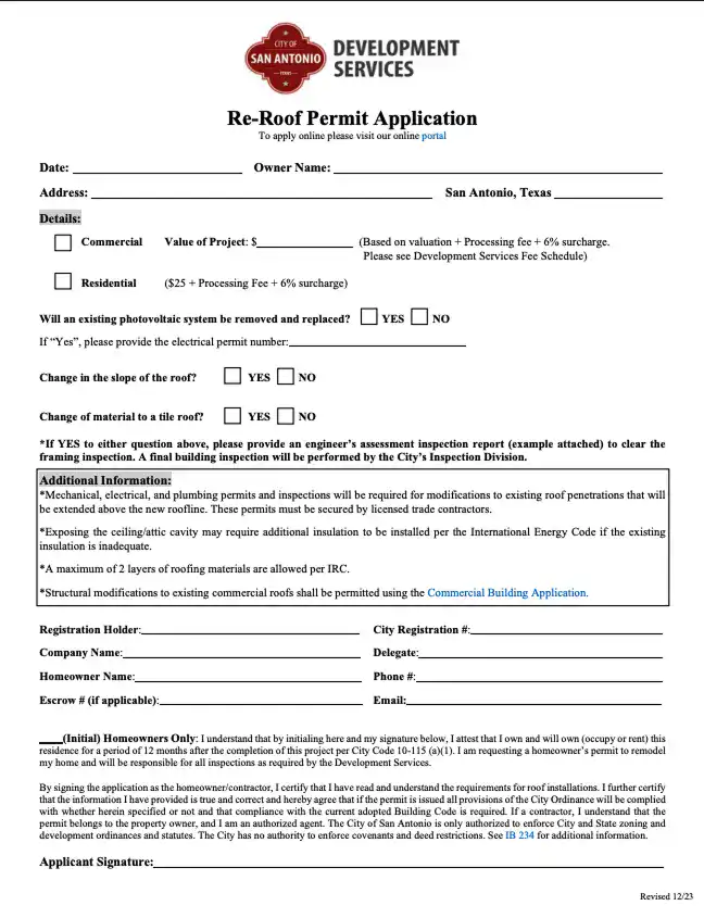 The City of San Antonio's official "Re-Roof Permit Application" form, which is essential for obtaining roofing permits in San Antonio.