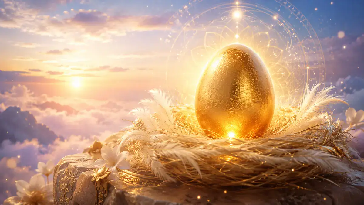 A glowing golden egg resting on a feathered nest beneath a surreal sky, symbolizing golden egg spiritual meaning, new beginnings, abundance, and transformation.
