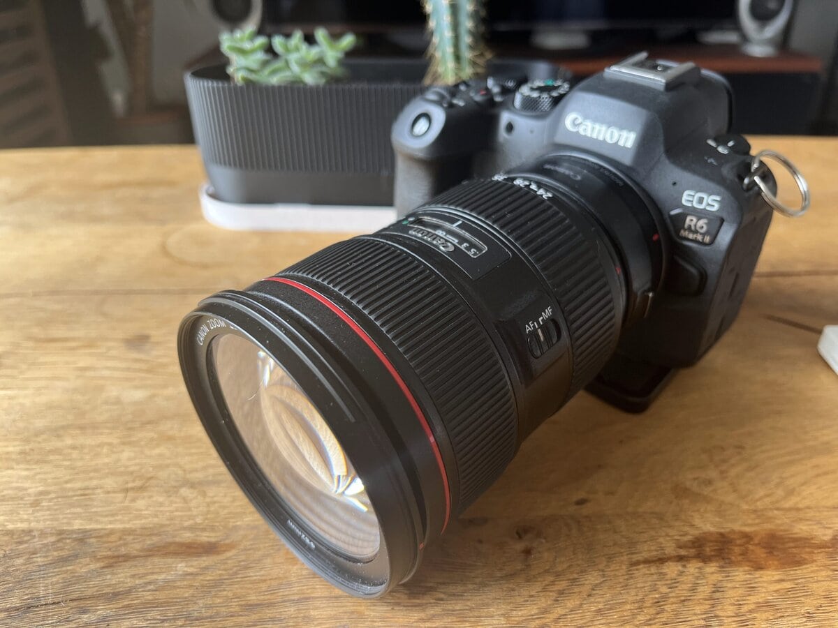 Canon EOS R6 camera with a zoom lens, ready for professional wedding photography and videography services. Perfect equipment for capturing special moments at weddings.
