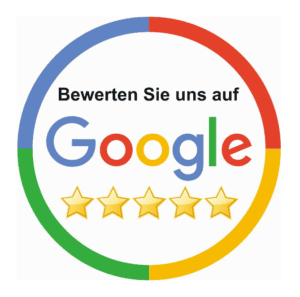 Bewerten Sie uns auf Google Google Bewertungslogo mit 5 Sternen und Farbkreis.