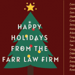 Holiday greeting from Farr Law Firm with Christmas tree and list of team members, festive holiday card, legal services, holiday wishes, law firm holiday message.