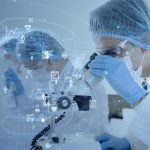 Cutting-edge medical research scientist examining samples in a laboratory, emphasizing healthcare innovation and laboratory safety.