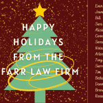 Holiday greeting card featuring a festive Christmas tree with swirling yellow ribbons and a gold star, from Farr Law Firm.