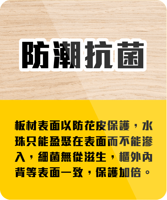抗潮抗菌生態板材，適用於傢俱設計，提供優良防潮與抗菌保護。.