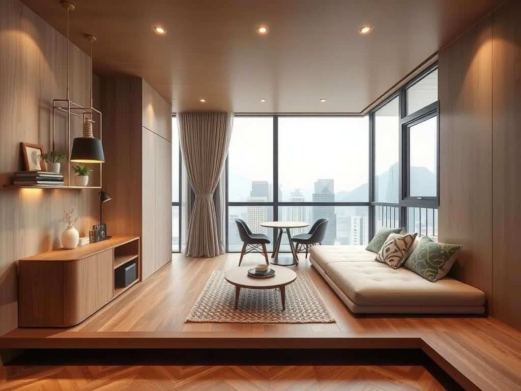 高樓景觀客廳，採用木質地板與大窗戶，打造明亮舒適的空間感。.