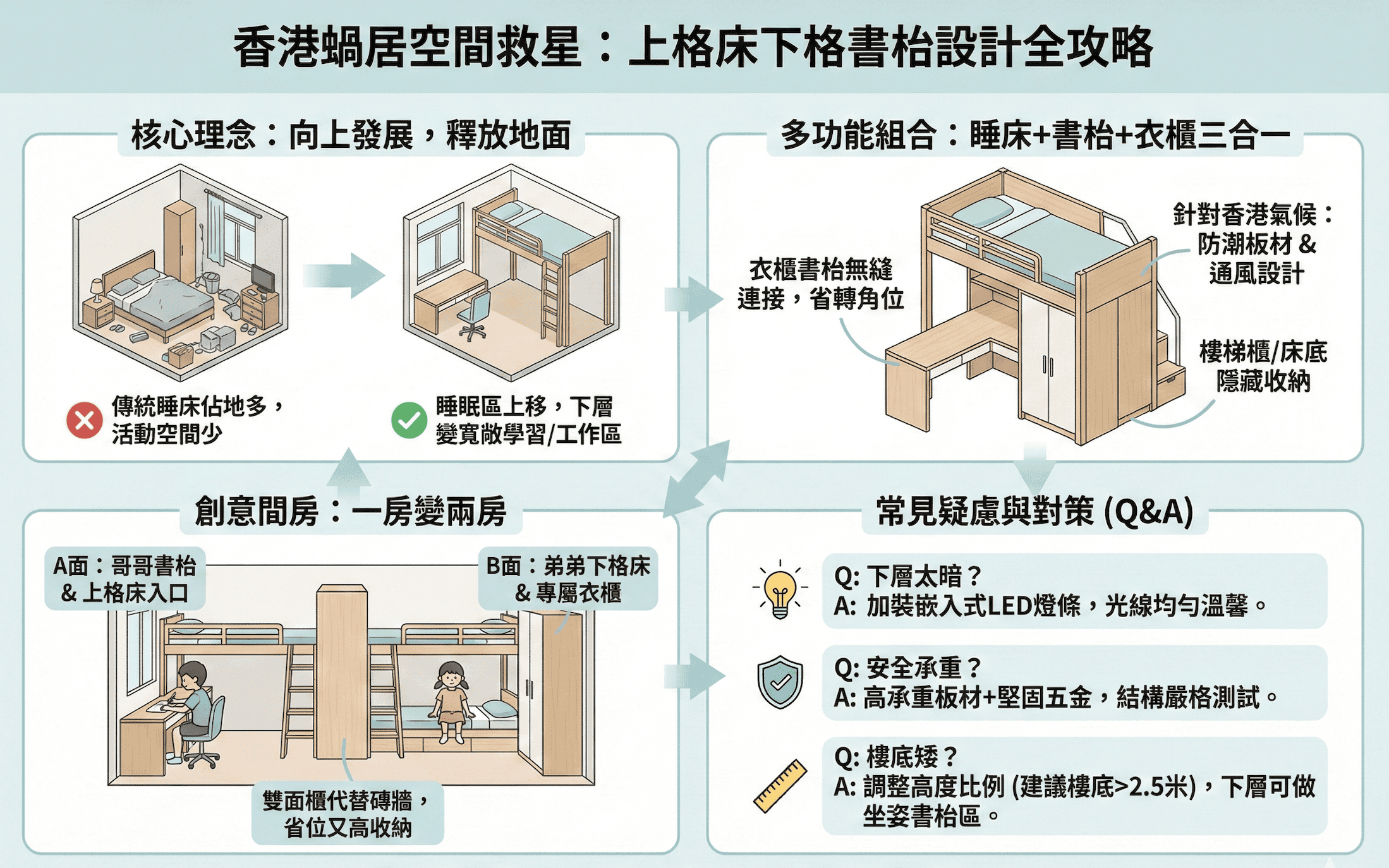 多功能上格床下格書枱，節省空間，提升居家效率，適合香港小型住宅。.