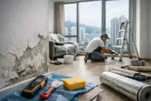 防潮裝修施工現場，專業施工人員進行牆面防潮處理。.