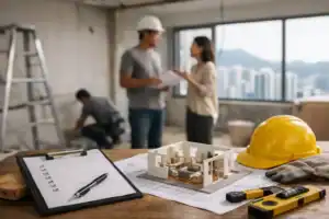 香港裝修現場，施工圖紙與工具展示.