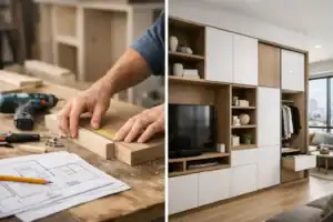 訂造傢俬與系統櫃設計，展示手工製作與成品櫃的對比.