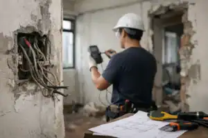 電線改造施工現場，工程師檢測電路狀況.