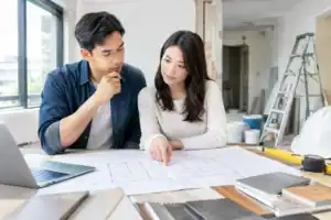 設計師與客戶討論住宅翻新工程細節，專注於設計圖紙與預算規劃.