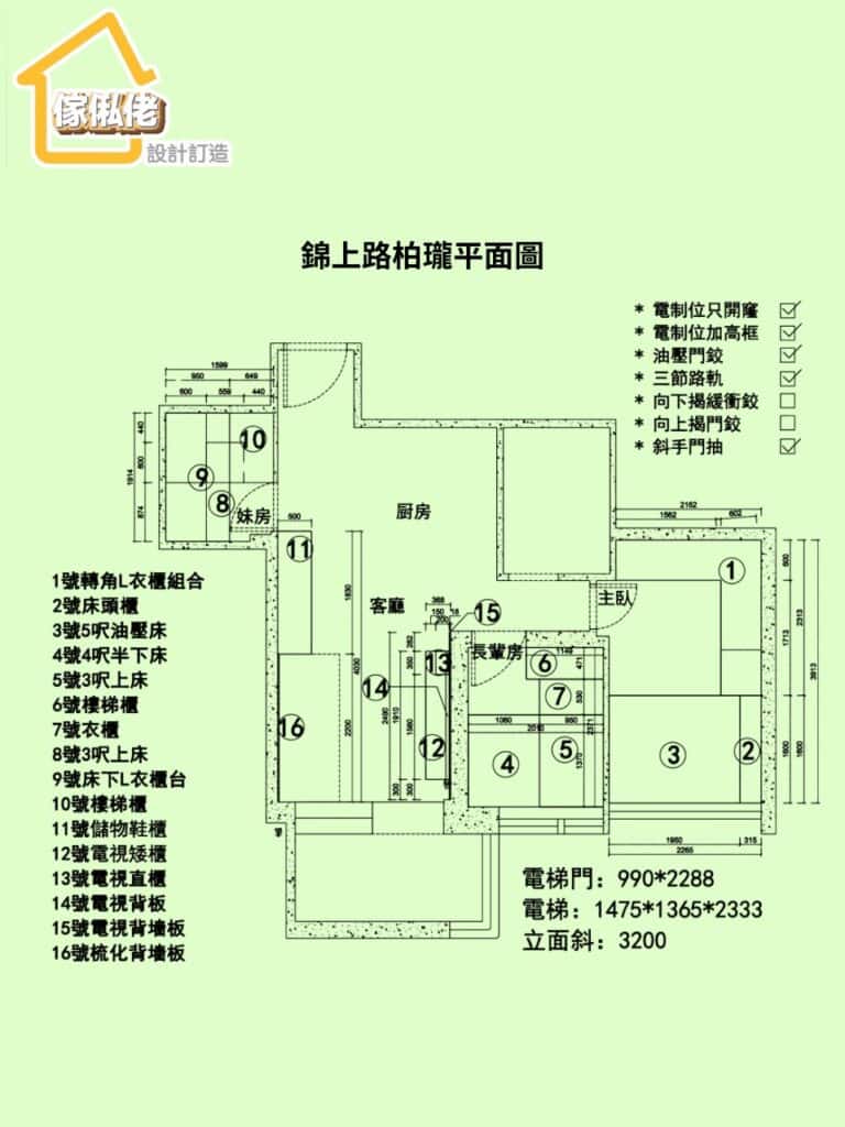 錦上路柏瓏傢俬配置平面圖，展示主人房、長輩房、妹房及客廳布局，標示油壓床、上下床、轉角衣櫃、樓梯櫃、鞋櫃及電視櫃位置。