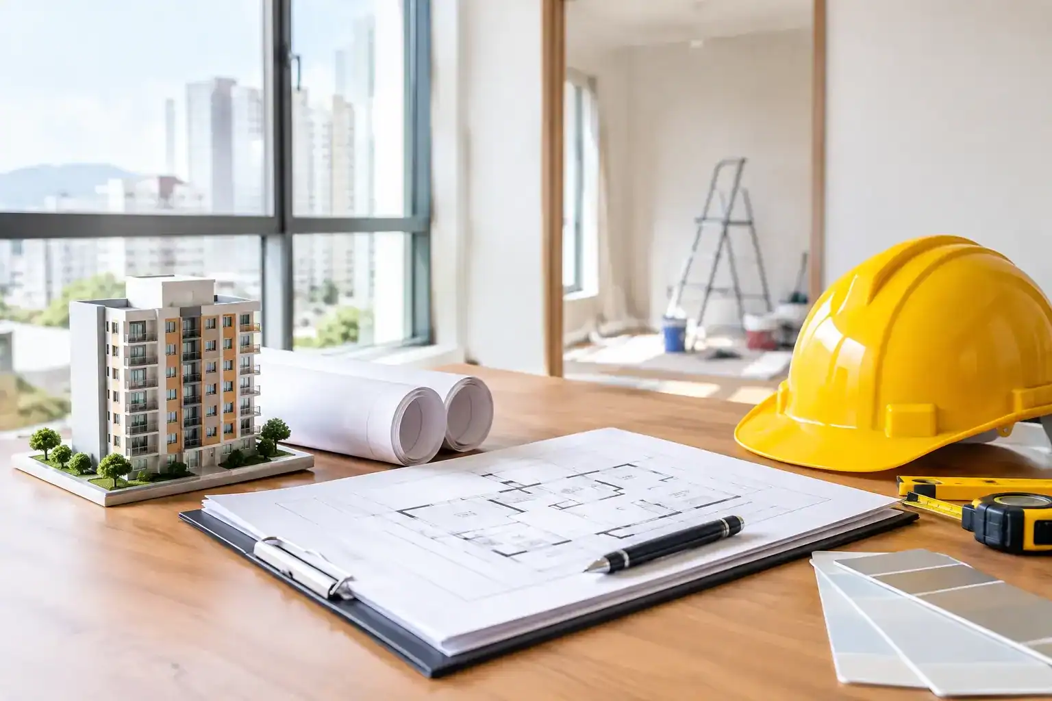 居屋裝修設計圖紙與建築模型展示專業施工現場.