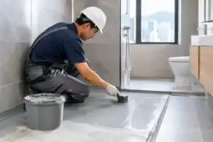 專業工人在浴室進行防水表面修補作業.