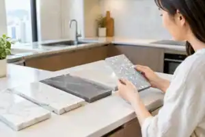 選擇人造石檯面樣品，展示多種顏色和紋理.