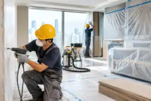 香港裝修工程現場施工，工人進行牆面打孔作業.