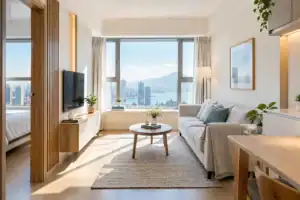香港細單位現代客廳採光充足，窗外天際線與山景清晰可見.