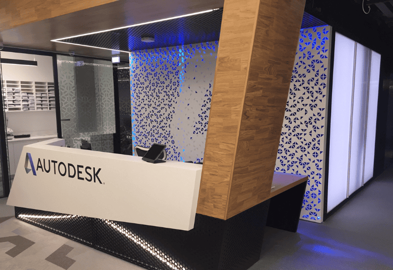 Auto cad interior decorative white perforated screen behind reception desk backlit with LED lighting