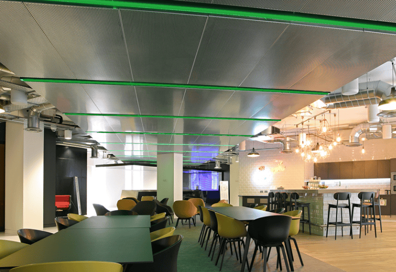 Perforated ceiling tiles for interior offices canteen area