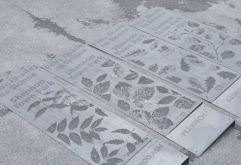 perforated metal sheets with perforated text and leaf pattern - made for signage