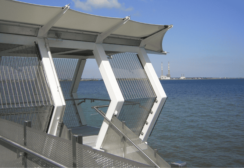 Woven wire architectural cladding at the cost of Ireland looking out onto the irish sea