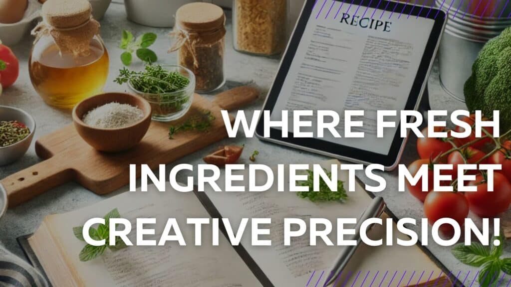 Where Fresh Ingredients Meet Creative Precision! modern kitchen countertop with an open recipe book, fresh ingredients, and a tablet displaying a recipe draft