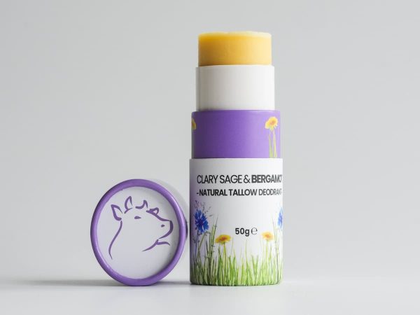 Organic tallow deodorant with natural ingredients and lavender scent, 50g.