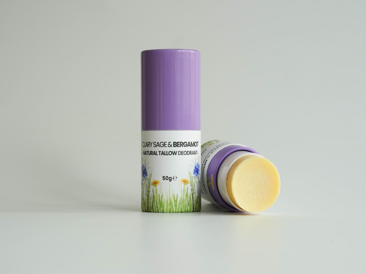 Gentle tallow-based organic deodorant with lavender and bergamot scents for natural skincare.