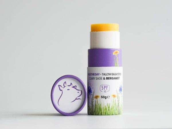 Tallow skincare balm with organic clary sage and bergamot from Hayes Meadow.