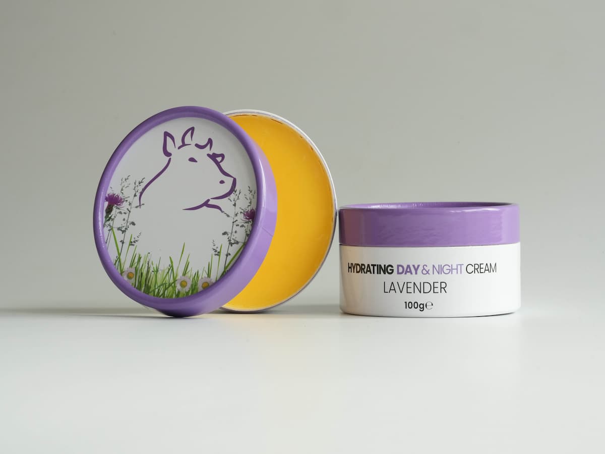 Soft lavender hydrating day and night cream with organic tallow and floral scent.