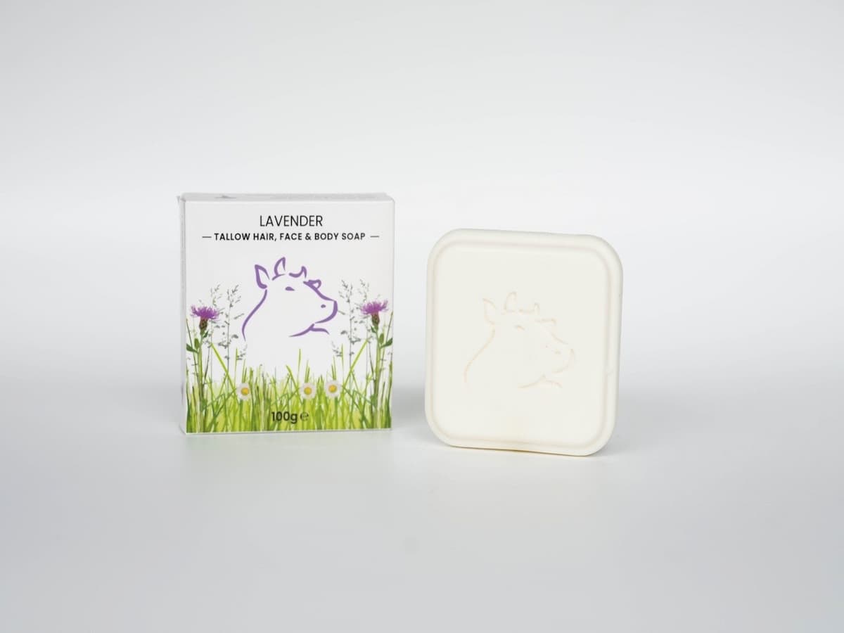 Lavender tallow skincare soap with organic ingredients and natural packaging.