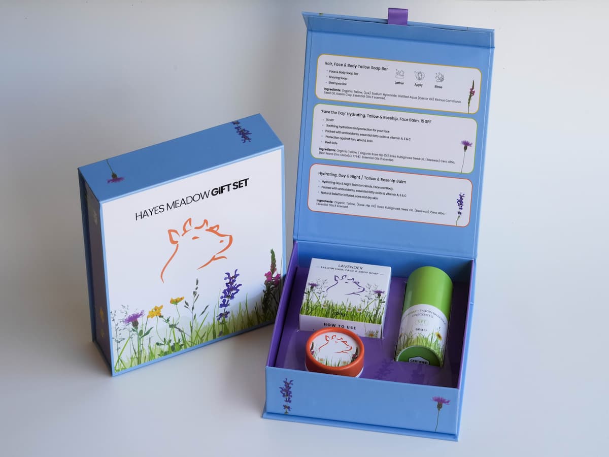 Tallow skincare gift set with organic ingredients from Hayes Meadow.