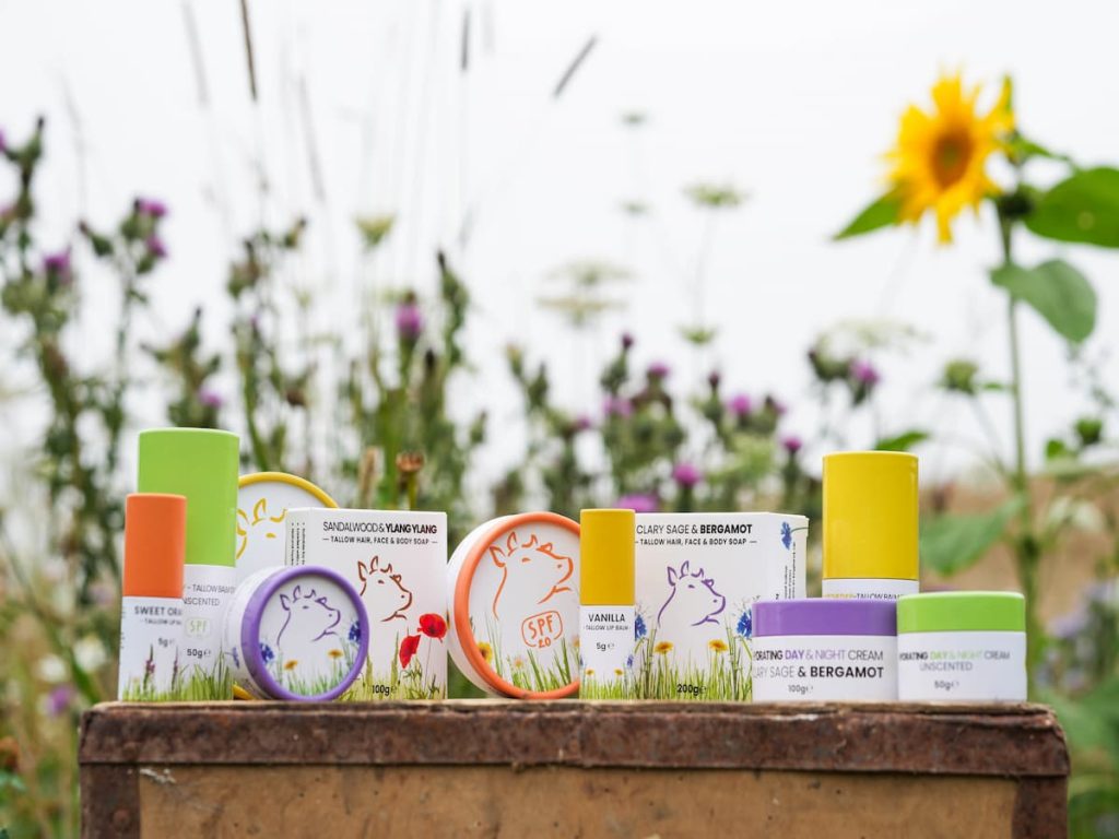 Tallow skincare products with organic ingredients at Hayes Meadow farm.