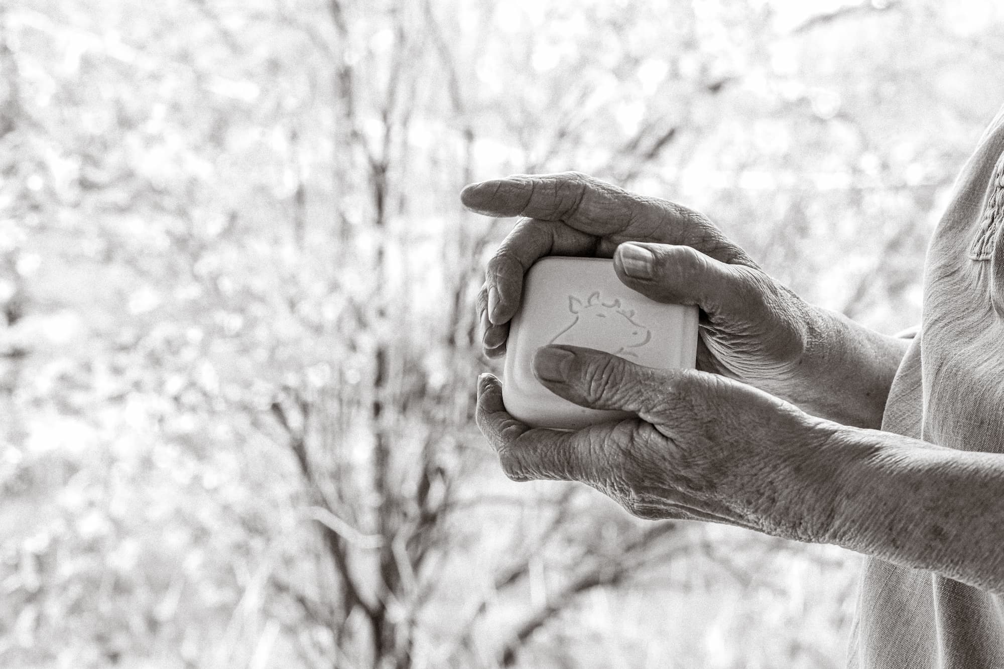 Tallow skincare product being held outdoors with trees in the background.