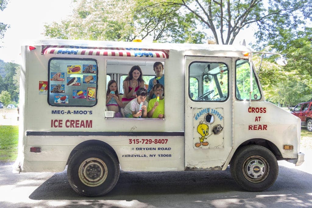 50+ Waterfalls in New York in 3 Days Camping in New York at Robert H. Treman State Park. The ice cream man decided to let the kids have a tour of his ice cream truck. Best Day Ever!