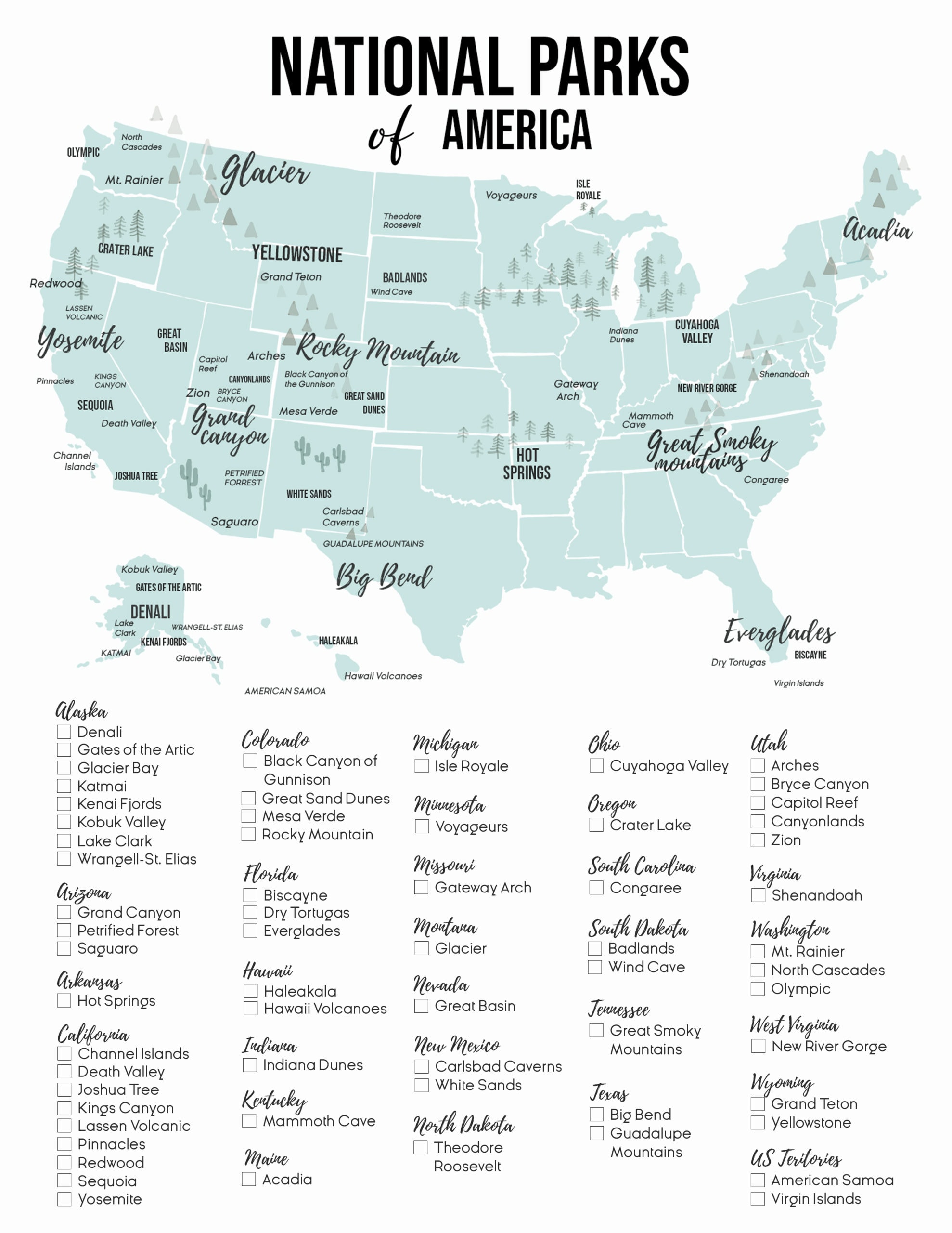 2025 U.S. National Park list by State (Free Printable Map & Checklist) National Park list by state and with a map.
