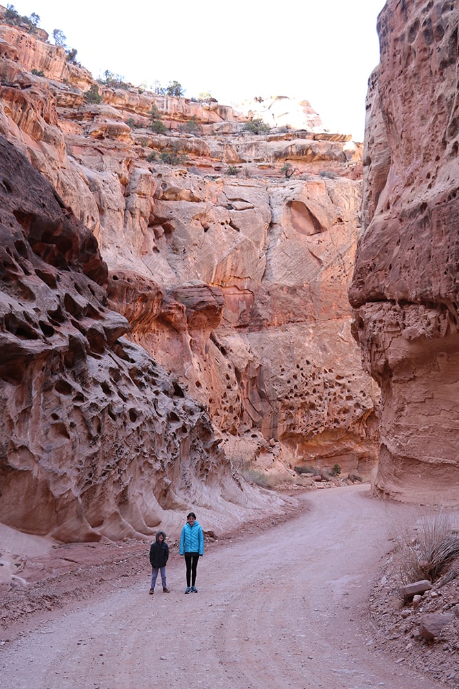 Utah National Parks Road Trip – The Perfect Itinerary A view of Capitol Reef Scenic Drive. A dirt road with tall canyon walls.
