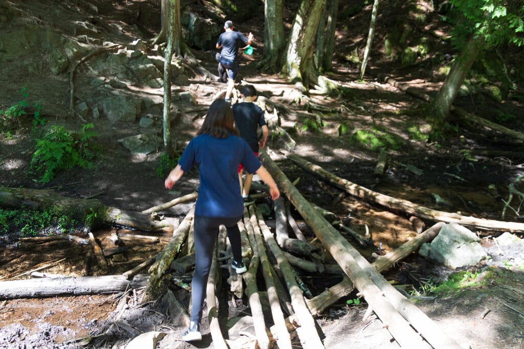 Explore the Natural Beauty of Dead River Falls In Marquette Kids crossing a very shallow stream.