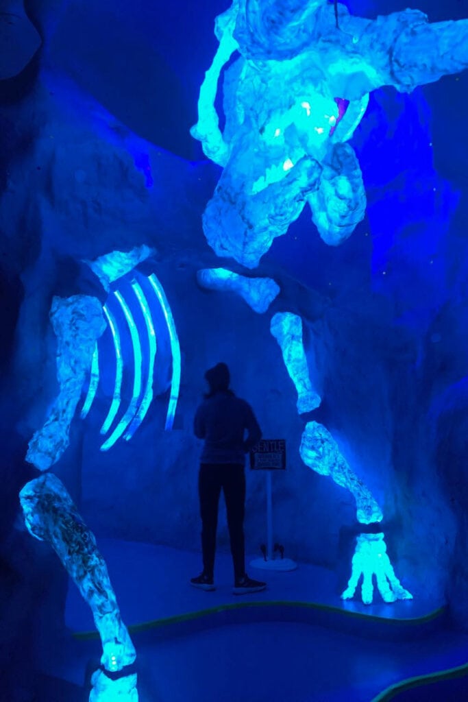 Meow Wolf Santa Fe – Ultimate Guide Giant glowing musical dinosaur in Meow Wolf