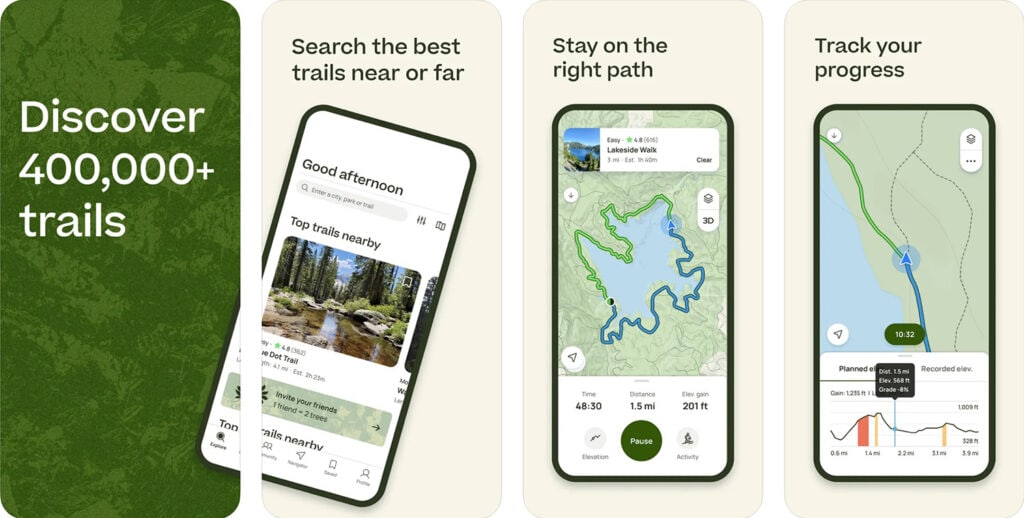 Hike Smart – Your Ultimate Guide to the Best Hiking Apps Screenshots of AllTrails app. They show examples of tracking your progress and searching for trails nearby.
