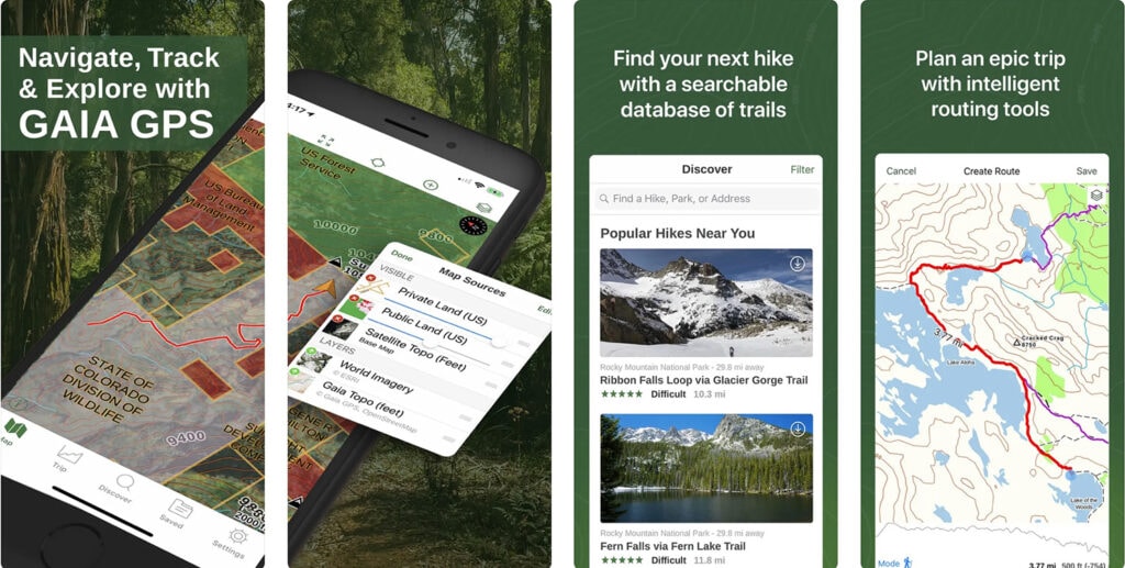 Hike Smart – Your Ultimate Guide to the Best Hiking Apps Screenshots of Gaia GPS. They show hikes near you and detailed topographic hiking trails.