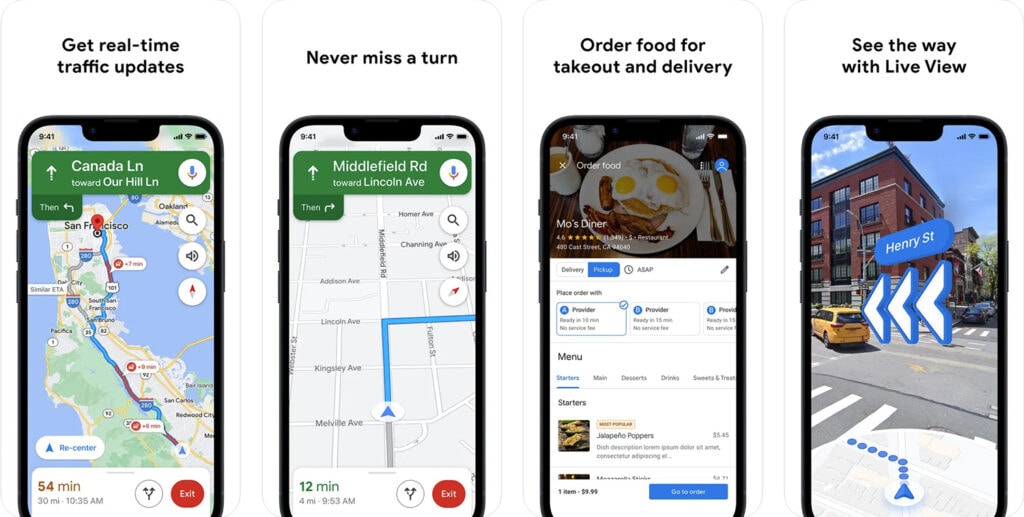 Hike Smart – Your Ultimate Guide to the Best Hiking Apps Multiple screenshots of what google maps is capable of. It shows real time traffic updates, never miss a turn navigation, order food for takeout, and use live view to show you the way.