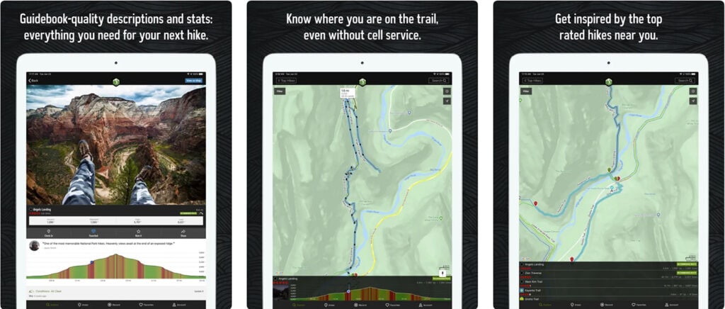 Hike Smart – Your Ultimate Guide to the Best Hiking Apps Screenshots of Hiking Project app. They show a sample of guidebook descriptions and stats for hiking, trail maps, and rated hikes.